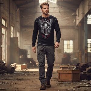 Vintage Y2K No Boundaries Skull Cross Wing Long Sleeve Thermal  Black Red - XL